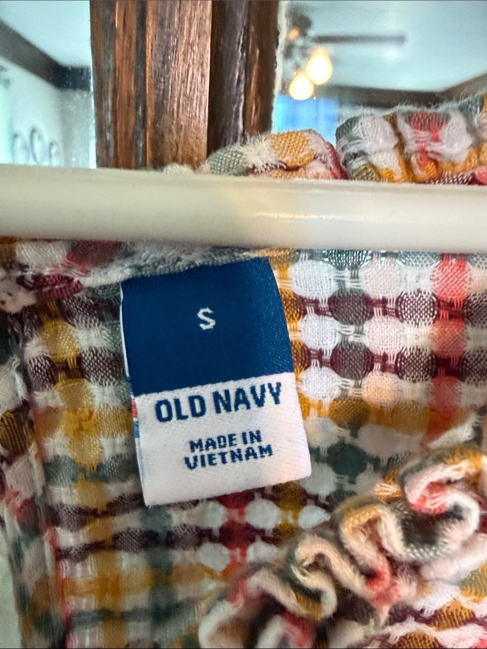 Old Navy Womens Ruffle V-Neck Blouse‎ Orange Yellow Blue Plaid Top Small